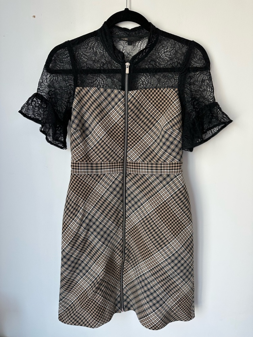 Maje Plaid Zip-Front Mini Dress with Black Lace Yoke - Picture 2 of 8